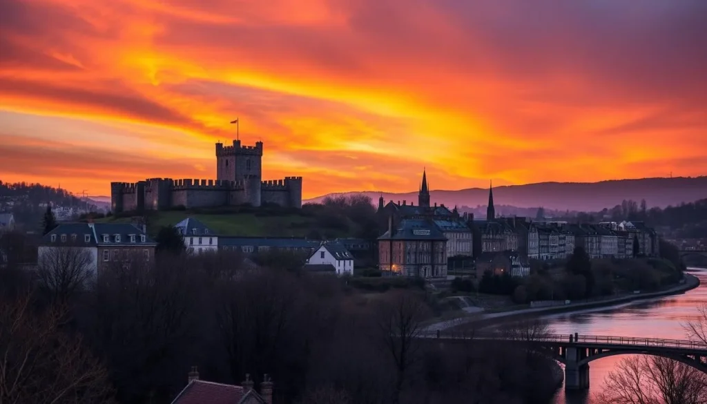Sunset view of Lancaster skyline with castle and historic buildings Sunset view of Lancaster skyline with castle and historic buildings