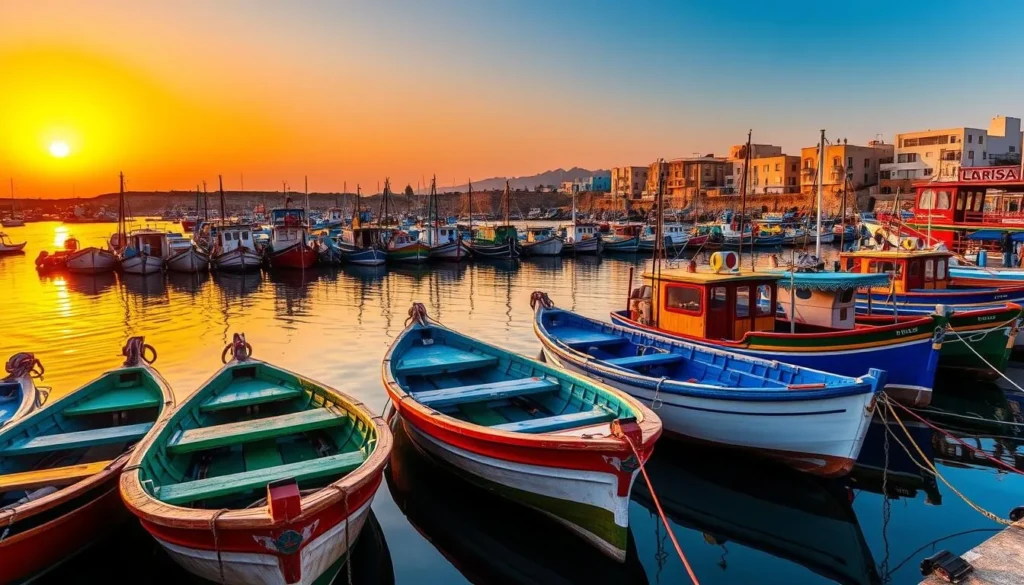 Sunset view of Larache harbor with fishing boats Sunset view of Larache harbor with fishing boats