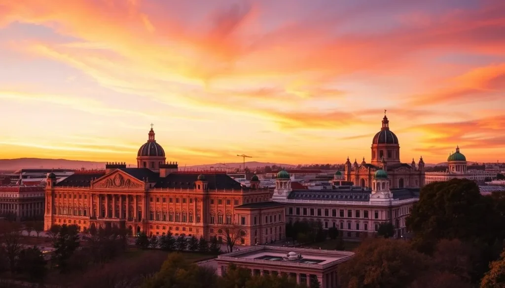 Sunset view of Madrid's skyline with the Royal Palace and Almudena Cathedral bathed in golden light