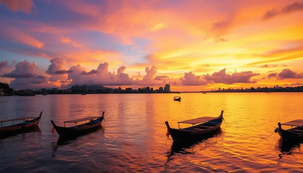 Sunset view of Makassar harbor with traditional Phinisi boats silhouetted against colorful sky