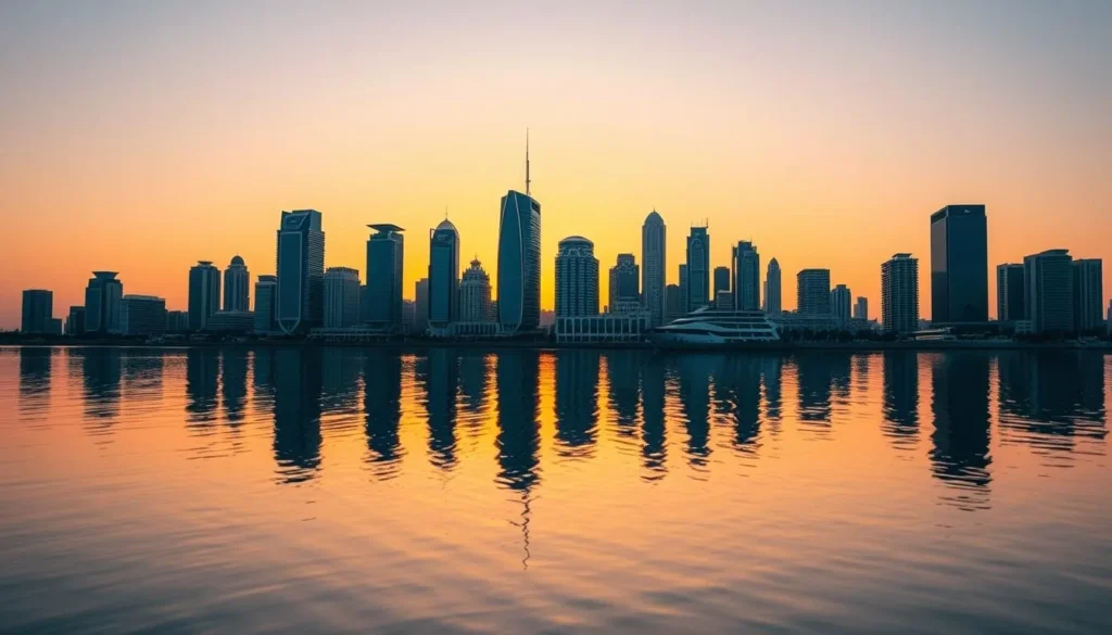 Sunset view of Manama skyline in Bahrain with modern buildings reflecting in the Arabian Gulf waters Sunset view of Manama skyline in Bahrain with modern buildings reflecting in the Arabian Gulf waters