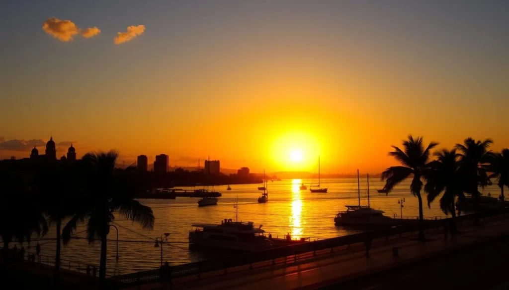 Sunset view of Manzanillo's waterfront with the Gulf of Guacanayabo