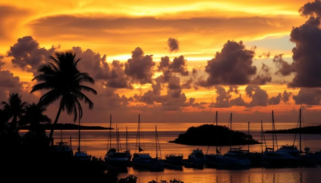 Sunset view of Marina Cay with boats moored in the harbor Sunset view of Marina Cay with boats moored in the harbor