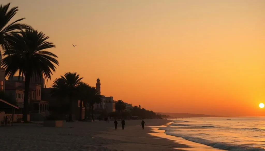 Sunset view of Mohammedia coastline with traditional buildings and palm trees