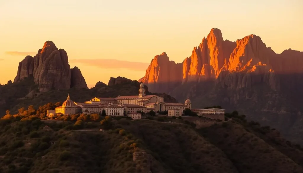 Sunset view of Montserrat monastery nestled among the distinctive rock formations with golden light
