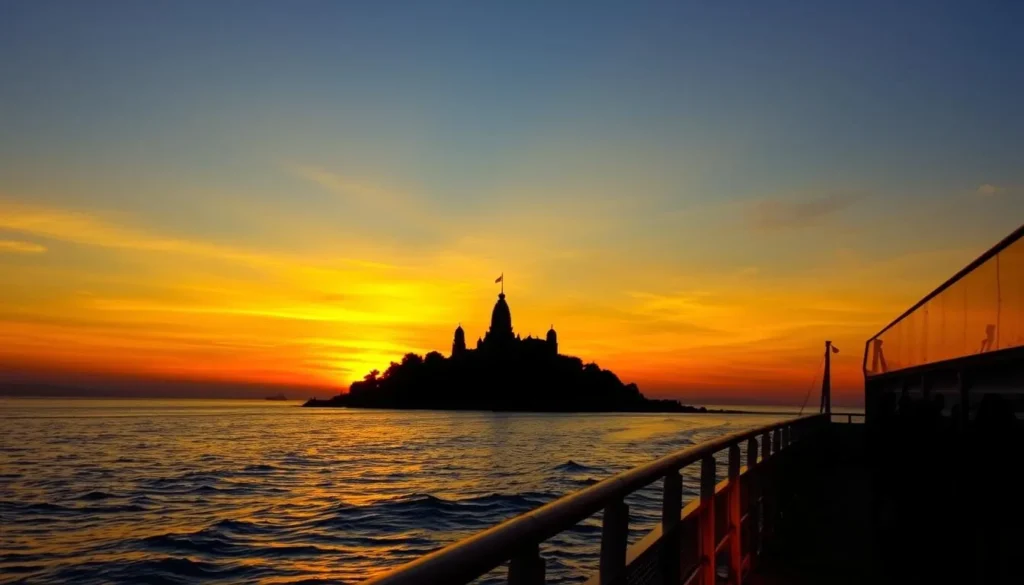 Sunset view of Nagadeepa Island from departing ferry with temple silhouettes visible