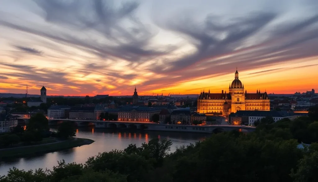 Sunset view of Nantes skyline with Loire River and Château des ducs de Bretagne