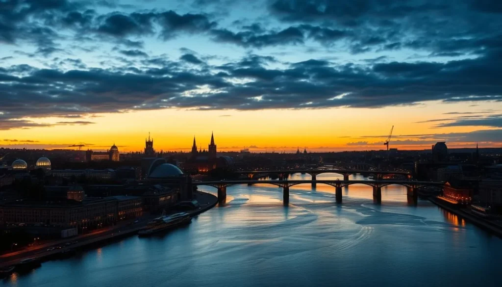 Sunset view of Newcastle skyline with all seven bridges illuminated over the River Tyne