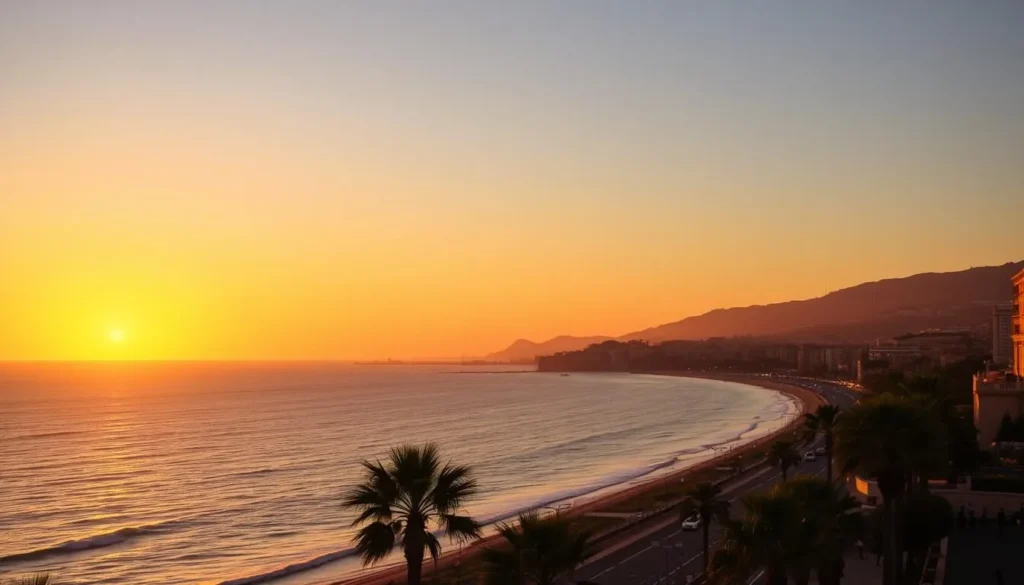 Sunset view of Nice's Bay of Angels with golden light on the Promenade des Anglais