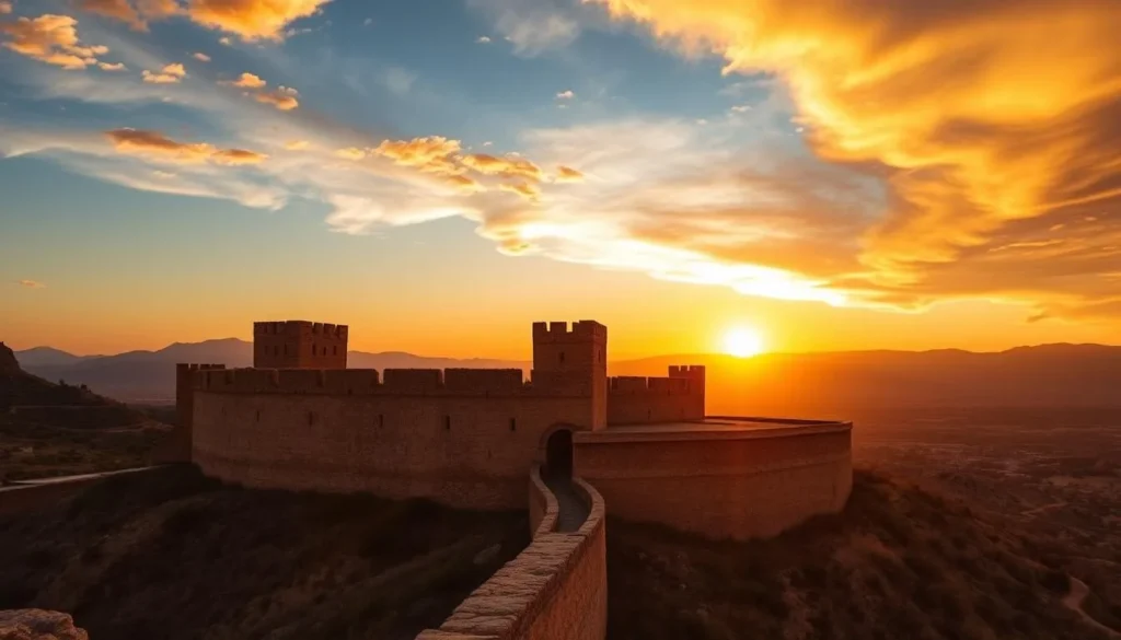 Sunset view of Nimrod Fortress National Park with golden light illuminating the ancient walls and towers Sunset view of Nimrod Fortress National Park with golden light illuminating the ancient walls and towers