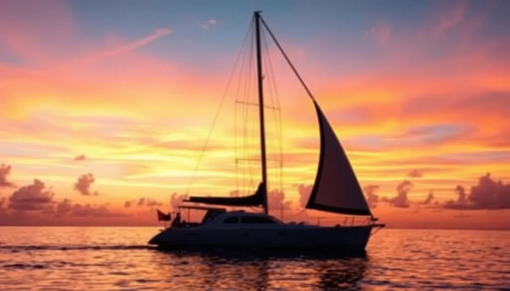 Sunset view of Norman Island with a sailboat silhouette against orange and pink sky