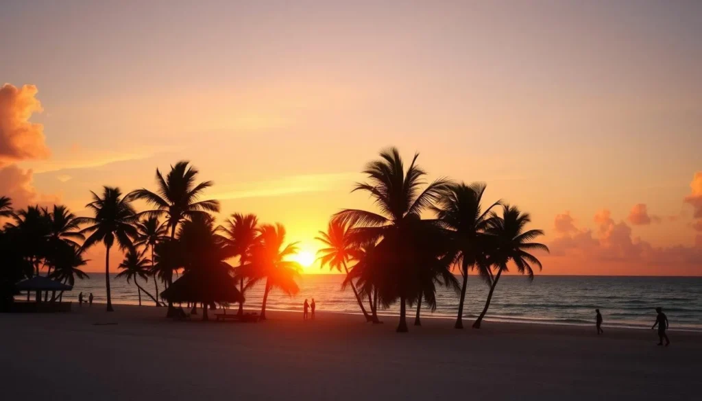 Sunset view of Oistins Beach in Barbados with palm trees and clear waters