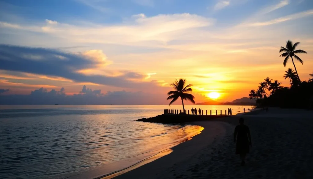 Sunset view of Padang Beach with golden light reflecting on the water, showing one of the best things to do in Padang, Indonesia