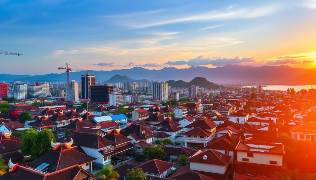 Sunset view of Padang cityscape with traditional Minangkabau architecture and modern buildings, summarizing the diverse things to do in Padang, Indonesia