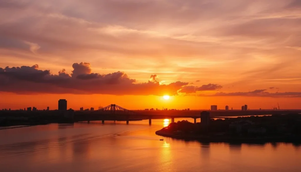 Sunset view of Palembang skyline with Ampera Bridge and Musi River