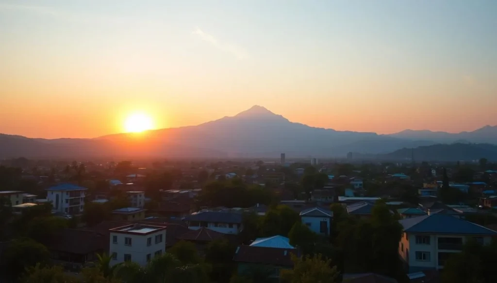 Sunset view of Pematangsiantar with mountains in the background