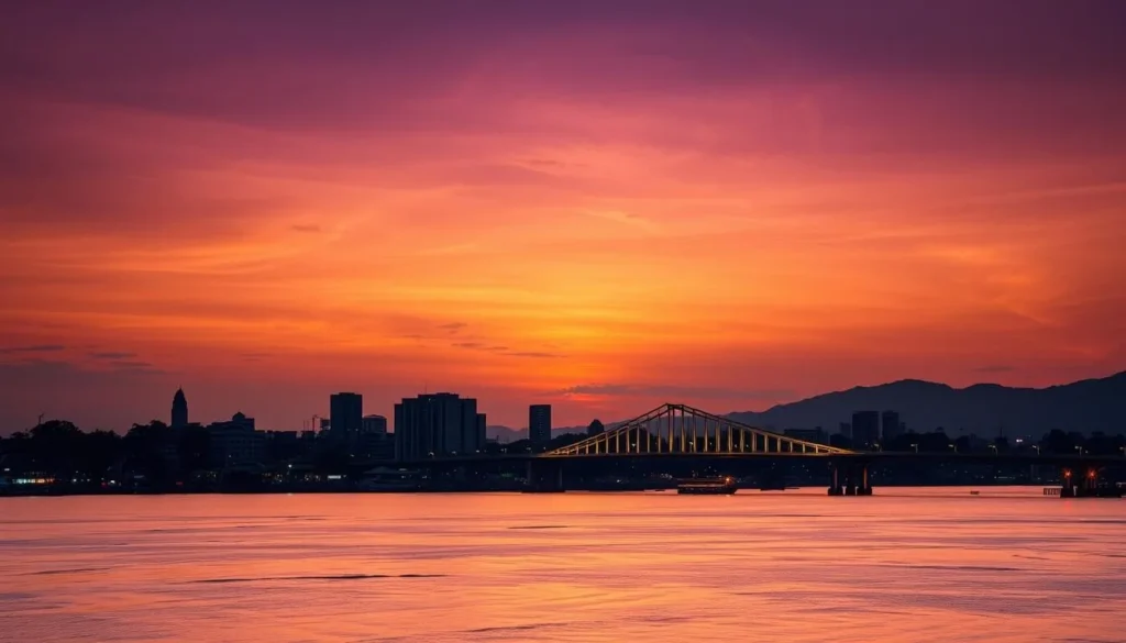 Sunset view of Pontianak skyline with the Kapuas Bridge illuminated