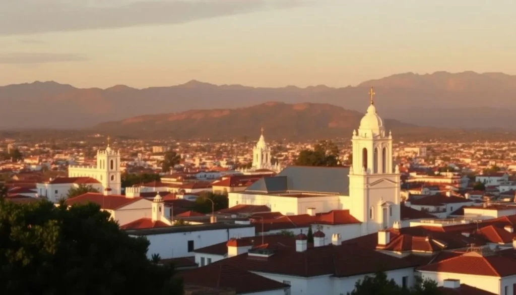 Sunset view of Popayan Colombia from Iglesia de Belén showing the white city panorama