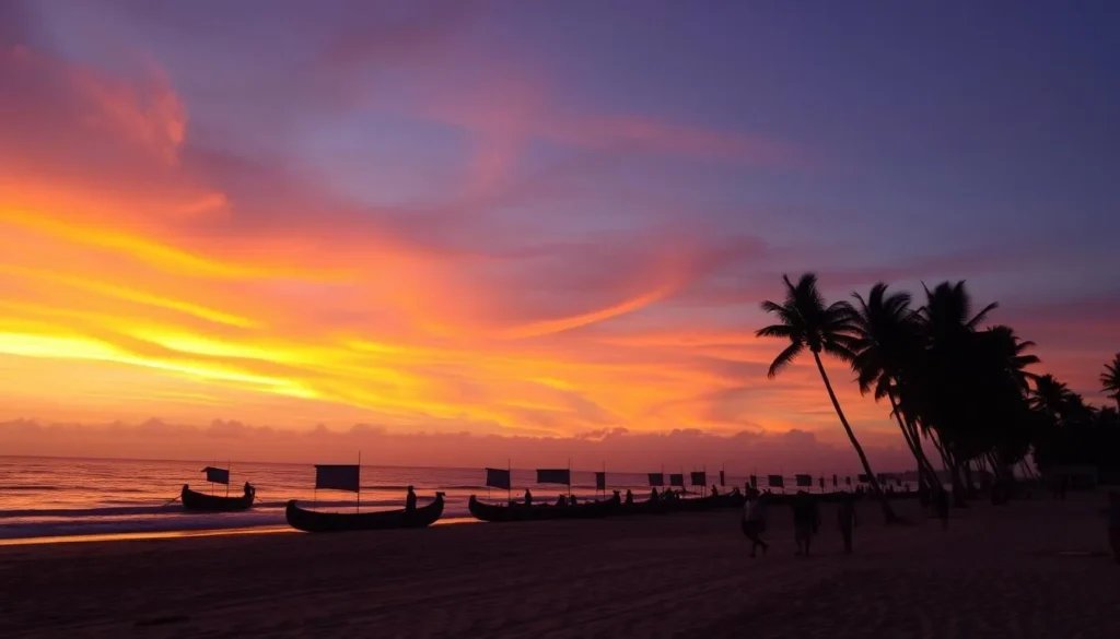 Sunset view of Porto de Galinhas beach with jangada boats silhouetted against the colorful sky