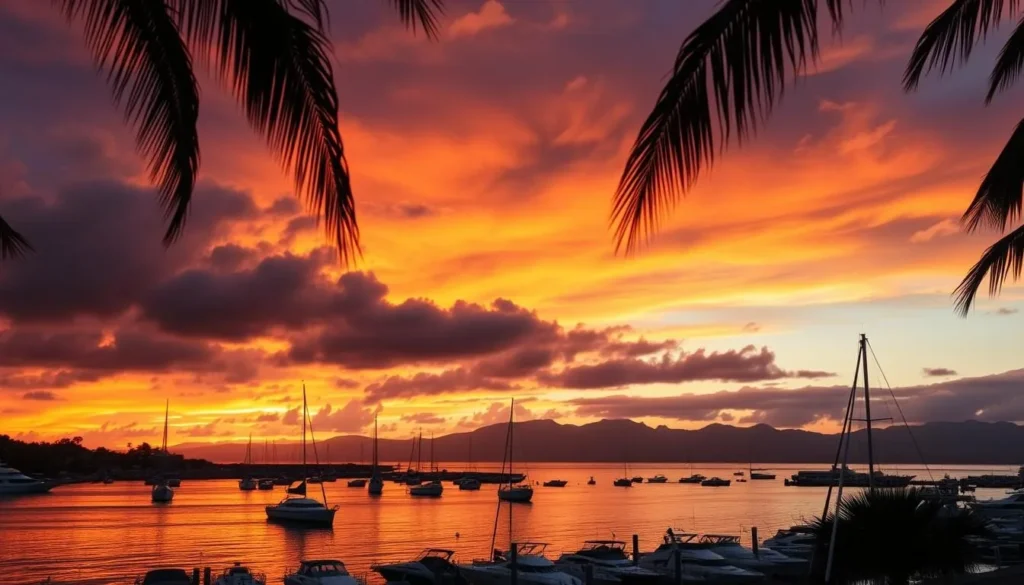 Sunset view of Puerto Ayora harbor with boats silhouetted against colorful sky