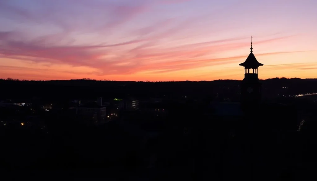 Sunset view of Reading Pennsylvania skyline with Pagoda silhouette
