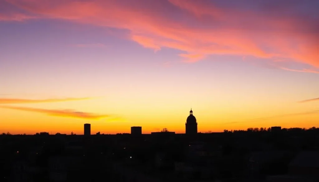 Sunset view of Rosenberg Texas skyline with historic buildings