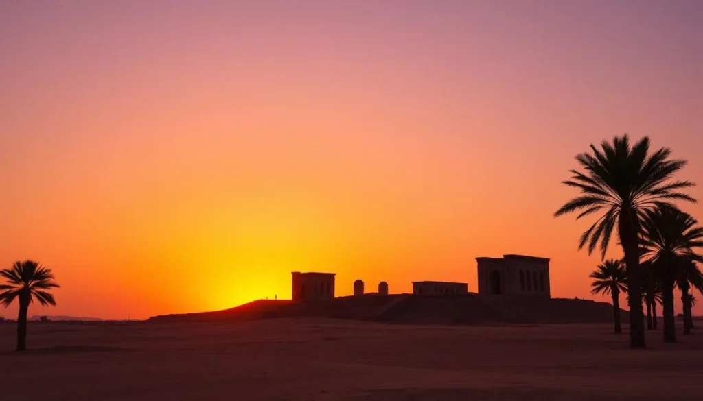 Sunset view of Saar with archaeological site silhouette against orange sky