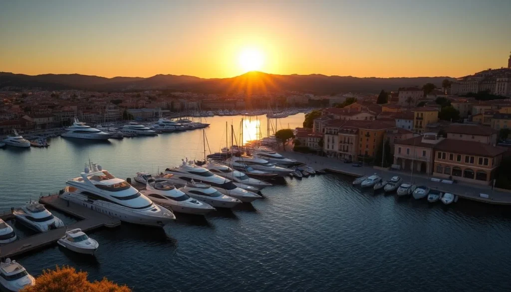 Sunset view of Saint-Tropez harbor with golden light reflecting on the water and buildings Sunset view of Saint-Tropez harbor with golden light reflecting on the water and buildings