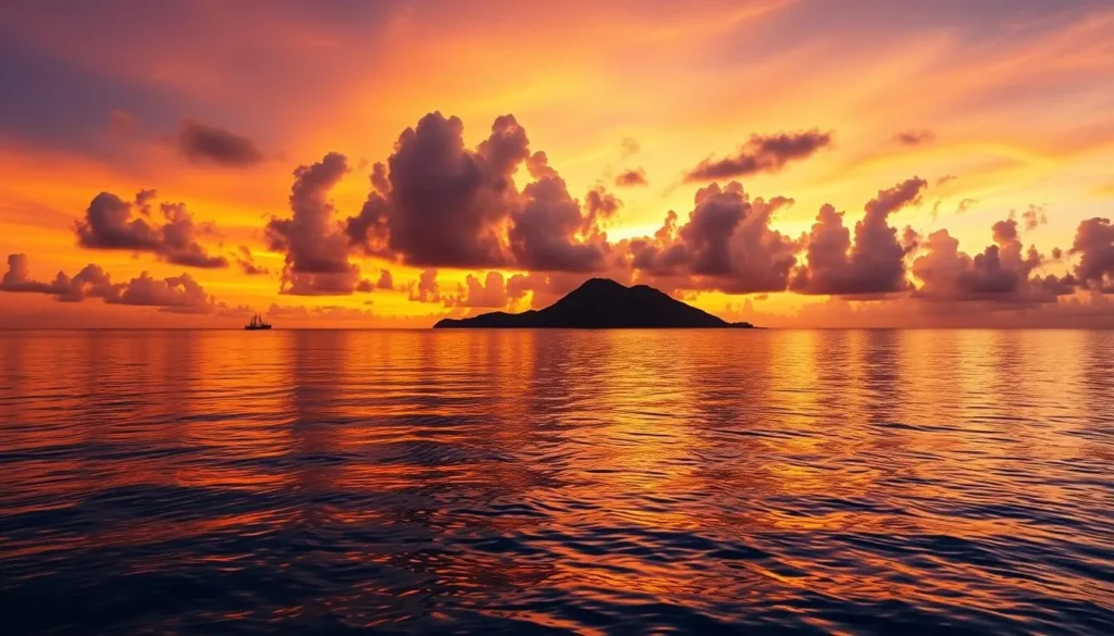 Sunset view of Salt Island's coastline with golden light on water