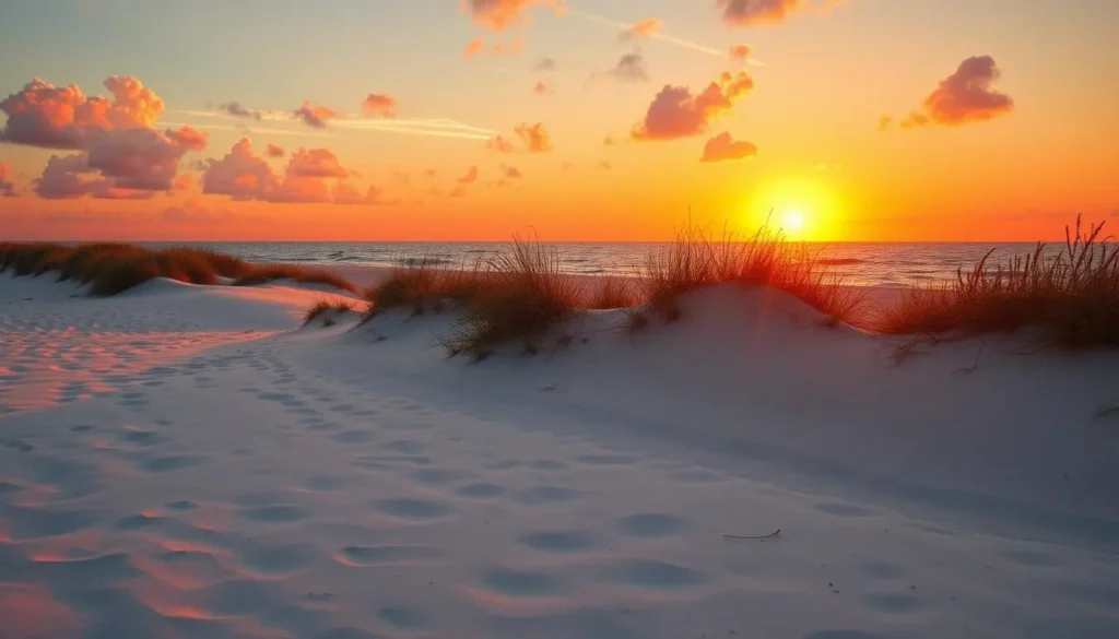 Sunset view of San Jose Island's pristine shoreline with golden light reflecting off the Gulf of Mexico waters