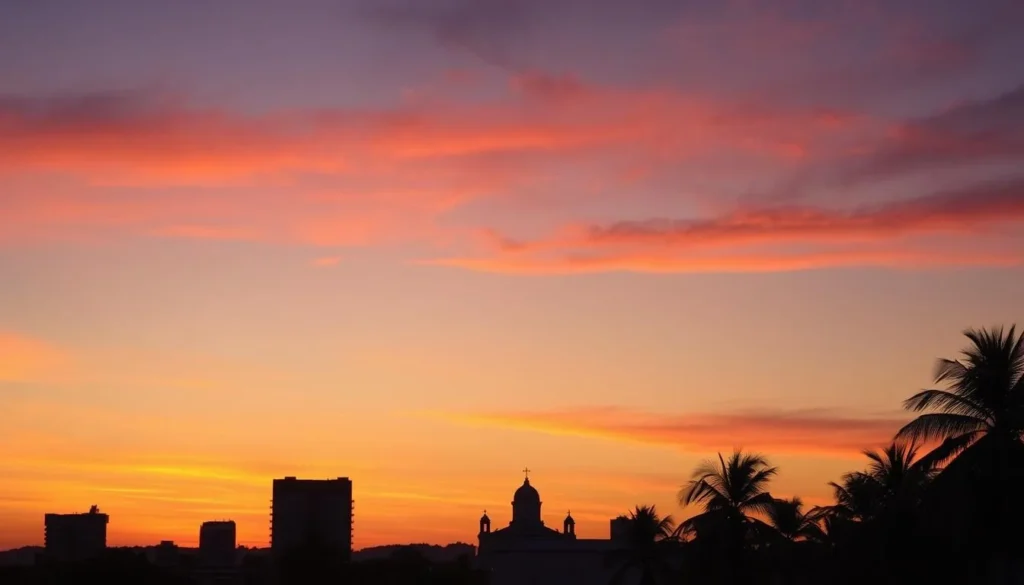 Sunset view of San Juan skyline with Basilica silhouette