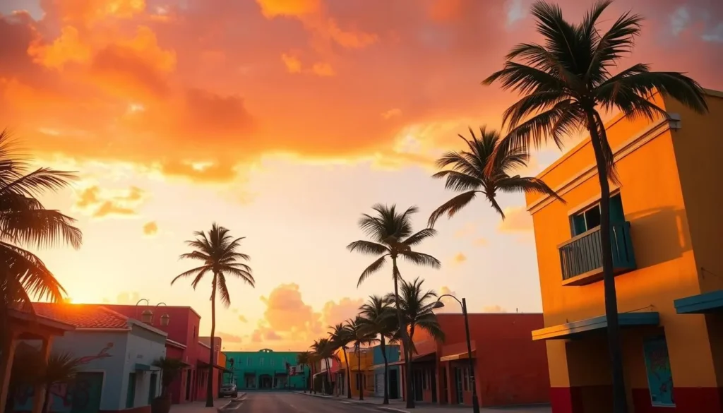 Sunset view of San Nicolas Aruba with colorful buildings and palm trees