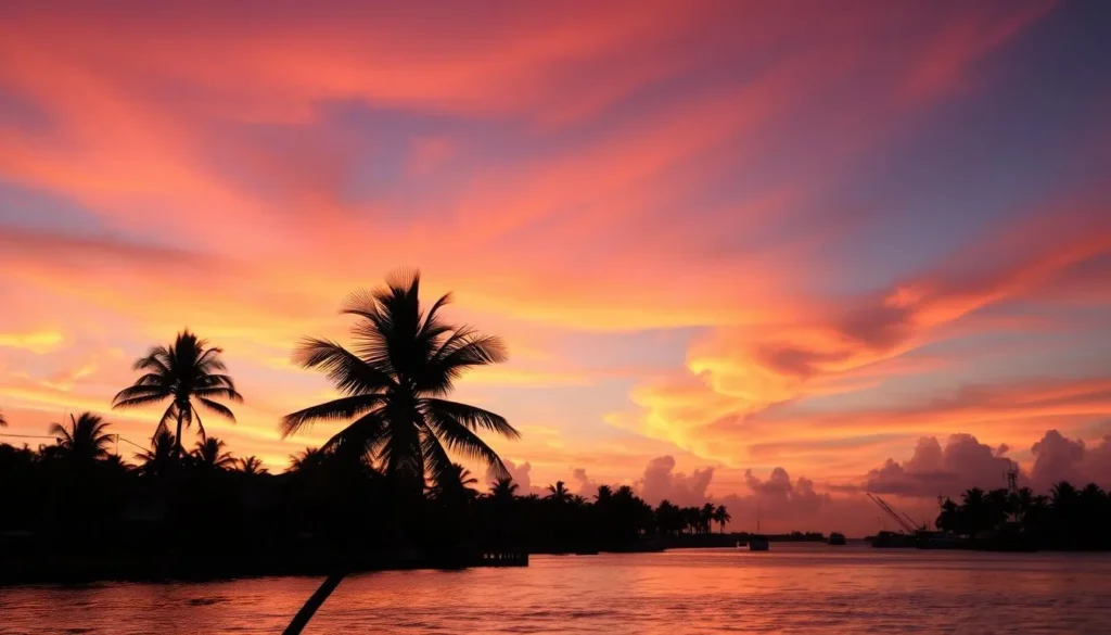 Sunset view of San Pedro Belize with palm trees silhouetted against an orange and purple sky