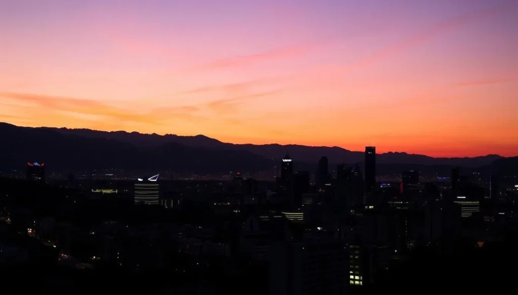 Sunset view of Santiago Chile skyline with mountains and city lights