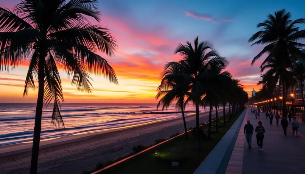Sunset view of Santos coastline with the beach garden illuminated and people enjoying the evening Sunset view of Santos coastline with the beach garden illuminated and people enjoying the evening