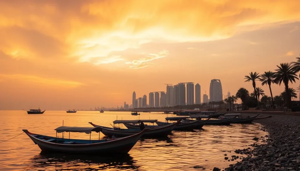 Sunset view of Seeb coastline with traditional boats and modern skyline
