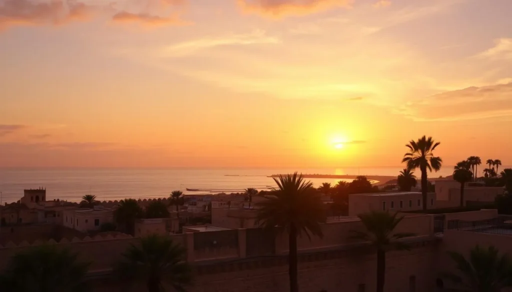 Sunset view of Sfax medina walls and Mediterranean Sea