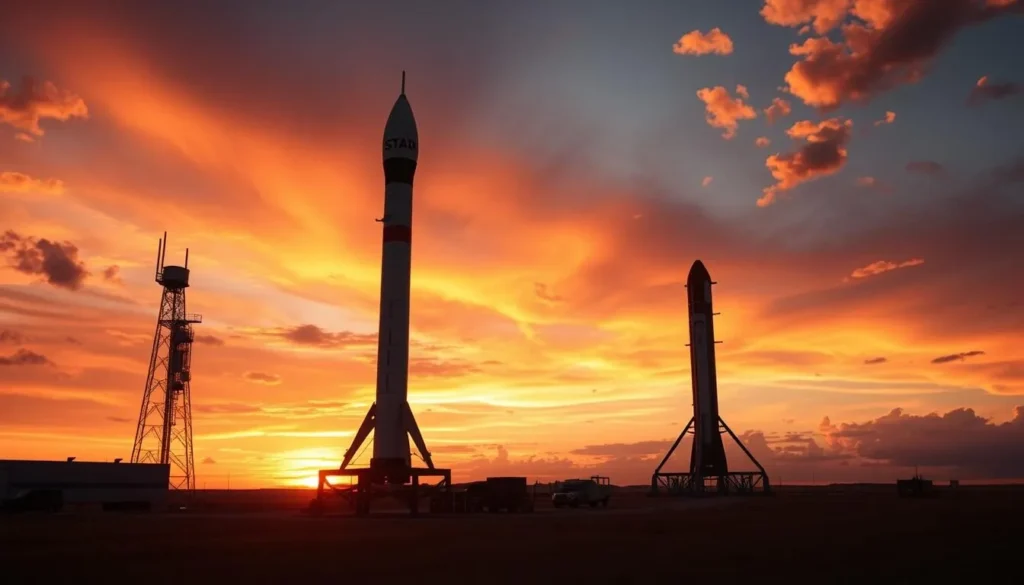 Sunset view of SpaceX Starship at Starbase Texas with beautiful weather