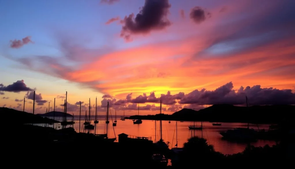 Sunset view of St. John's harbor with boats and colorful sky