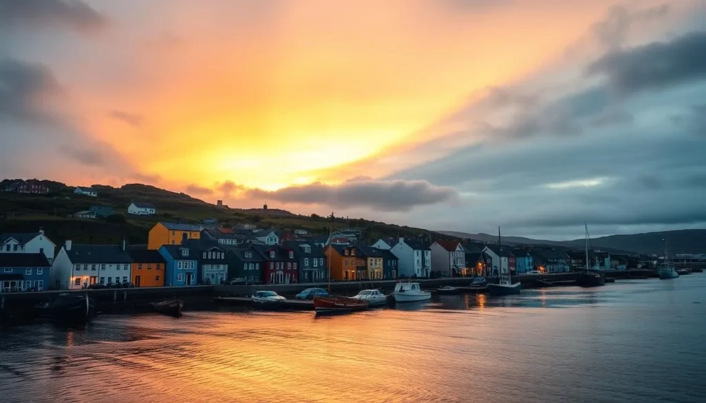 Sunset view of Stanley harbor with colorful houses, Falkland Islands