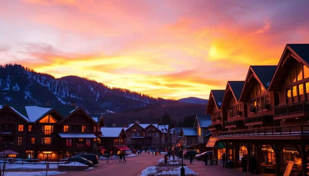 Sunset view of Stowe Mountain Resort village with Mount Mansfield glowing in alpenglow Sunset view of Stowe Mountain Resort village with Mount Mansfield glowing in alpenglow