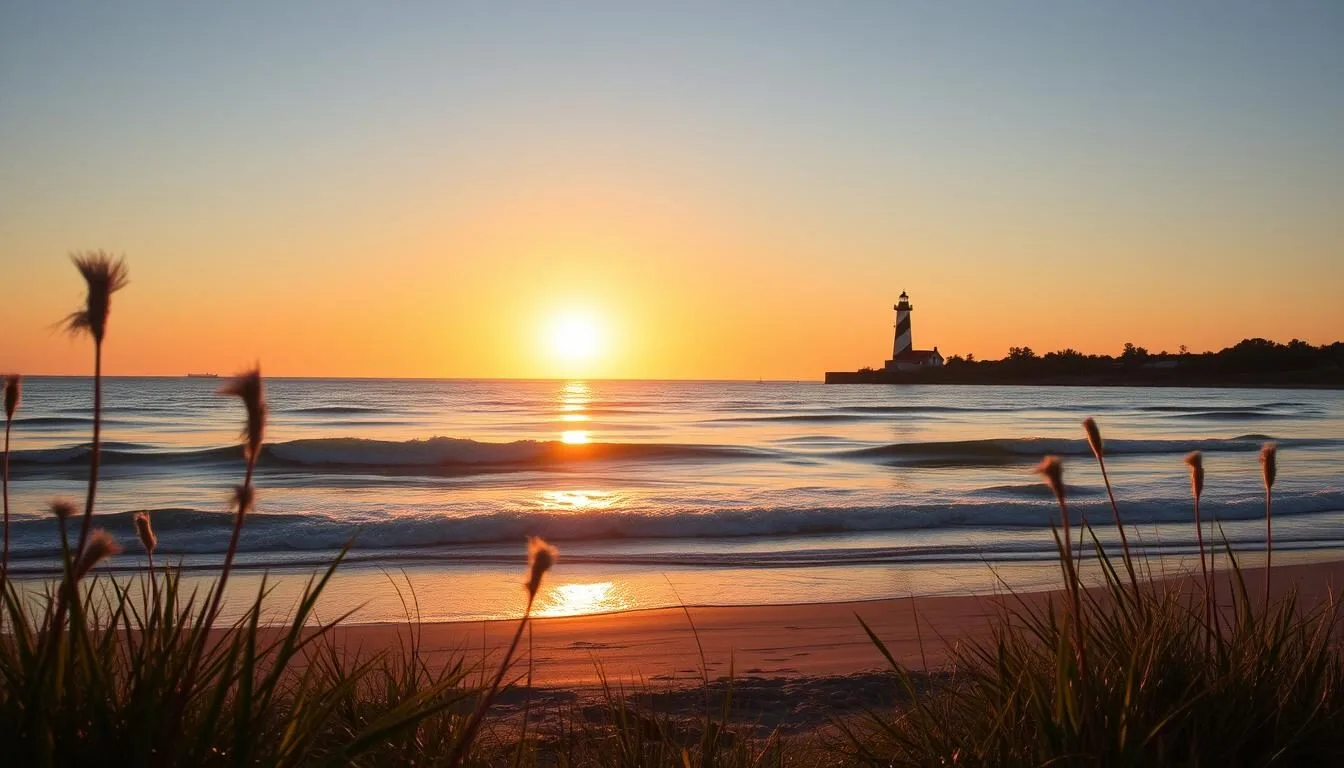 Sunset-view-of-Sullivans-Island-beach-with-the-lighthouse-visible-in-the-distance Sunset view of Sullivan's Island beach with the lighthouse visible in the distance