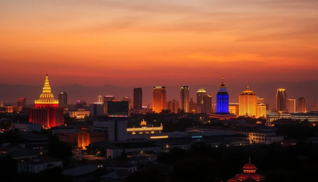 Sunset view of Surabaya skyline during festival season with colorful decorations and celebrations