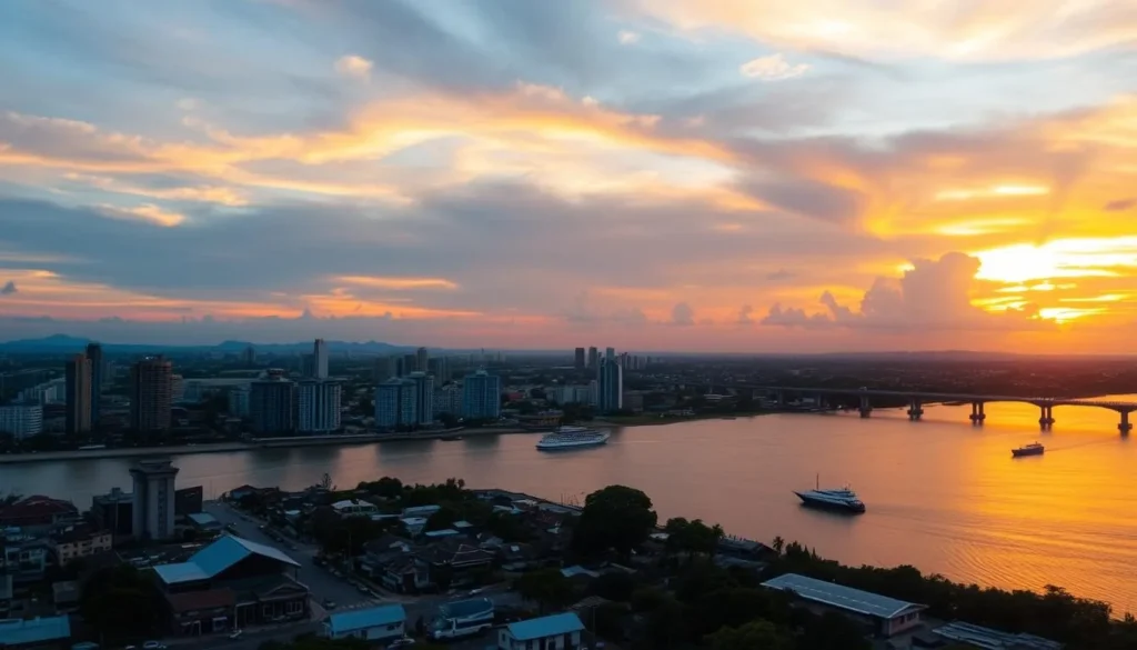 Sunset view of Surabaya skyline with Suramadu Bridge