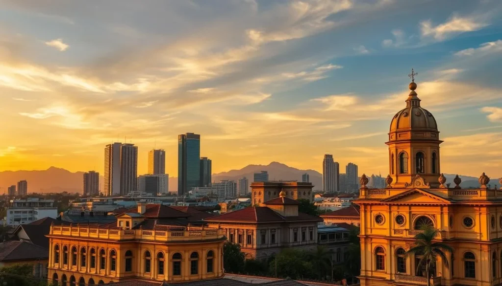Sunset view of Surabaya skyline with historic buildings in foreground and modern skyscrapers in background