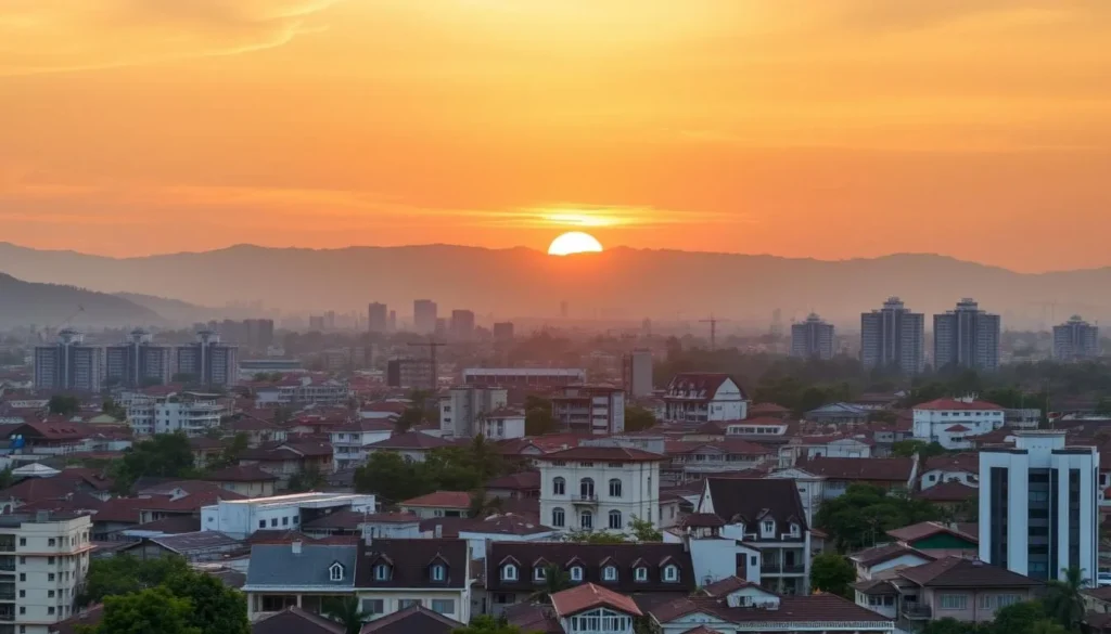 Sunset view of Surakarta cityscape with traditional and modern buildings