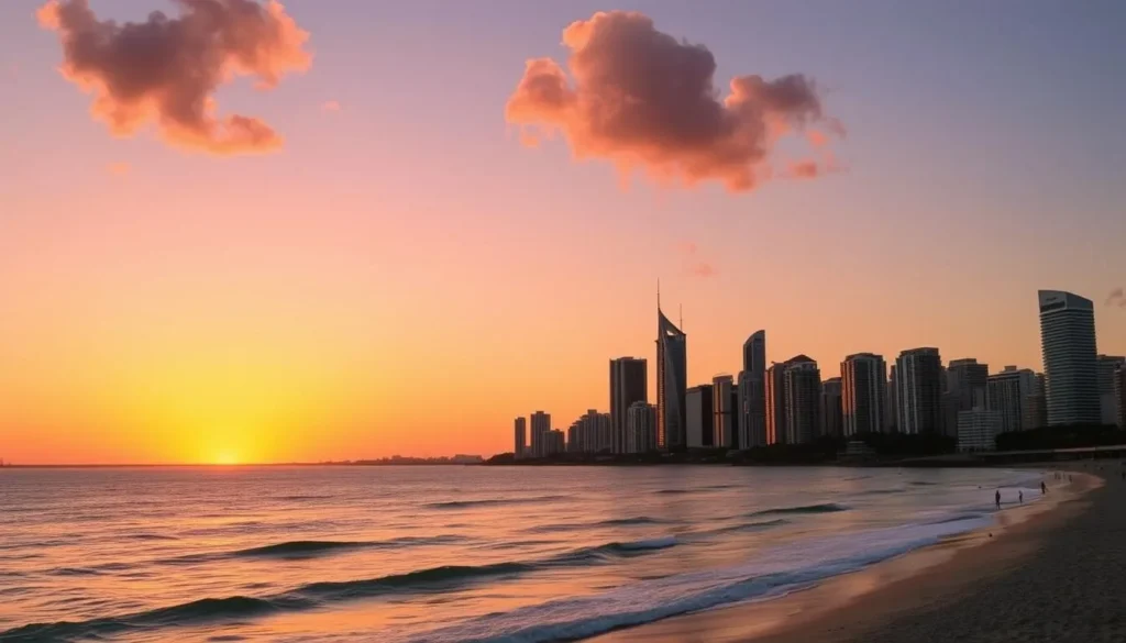 Sunset view of Surfers Paradise skyline from Burleigh Heads, Gold Coast Queensland during the best time to visit in spring Sunset view of Surfers Paradise skyline from Burleigh Heads, Gold Coast Queensland during the best time to visit in spring