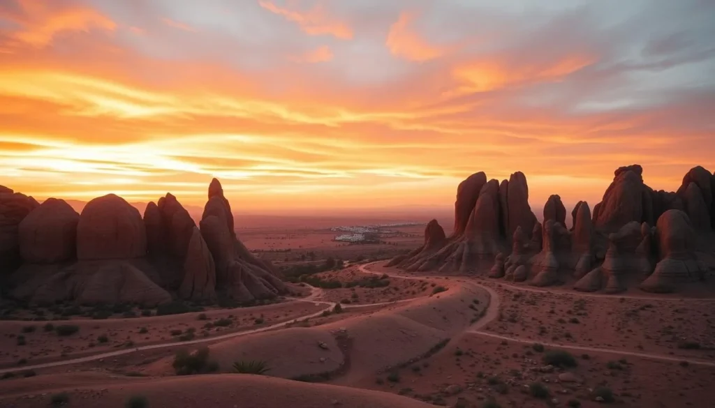 Sunset view of Tafraout granite rock formations near Tiznit with golden light