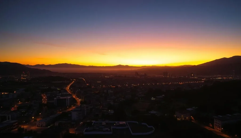 Sunset view of Tlalnepantla de Baz with city lights beginning to illuminate against the twilight sky Sunset view of Tlalnepantla de Baz with city lights beginning to illuminate against the twilight sky