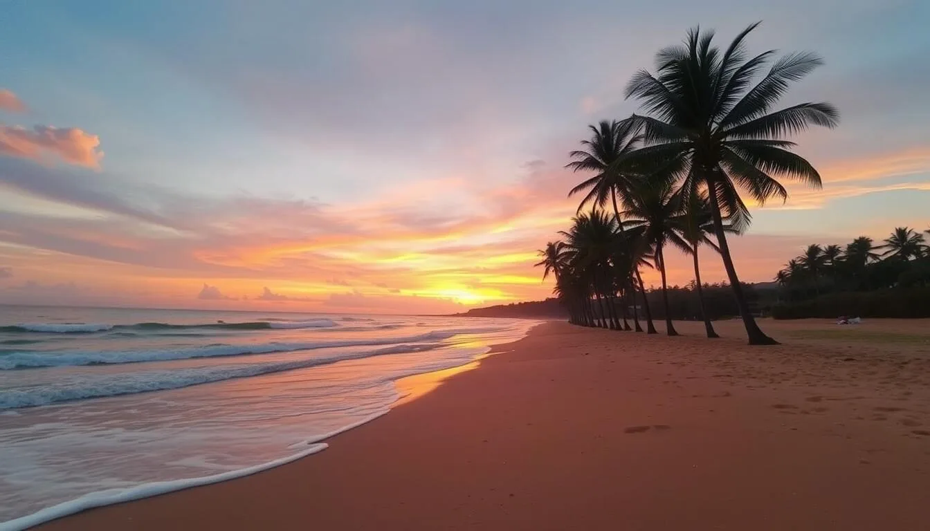 Sunset view of Tonsupa Beach with palm trees and golden sand stretching along Ecuador's Pacific coastline
